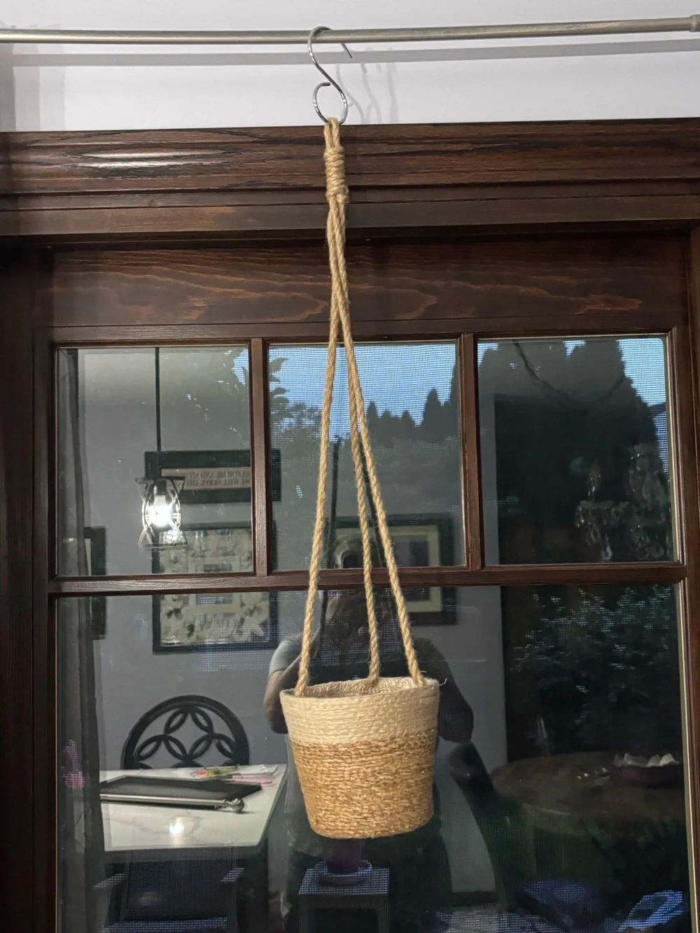 Two-Tone Woven 3-Rope Hanging Planter Natural Cream Jute Plastic lining 4” Home